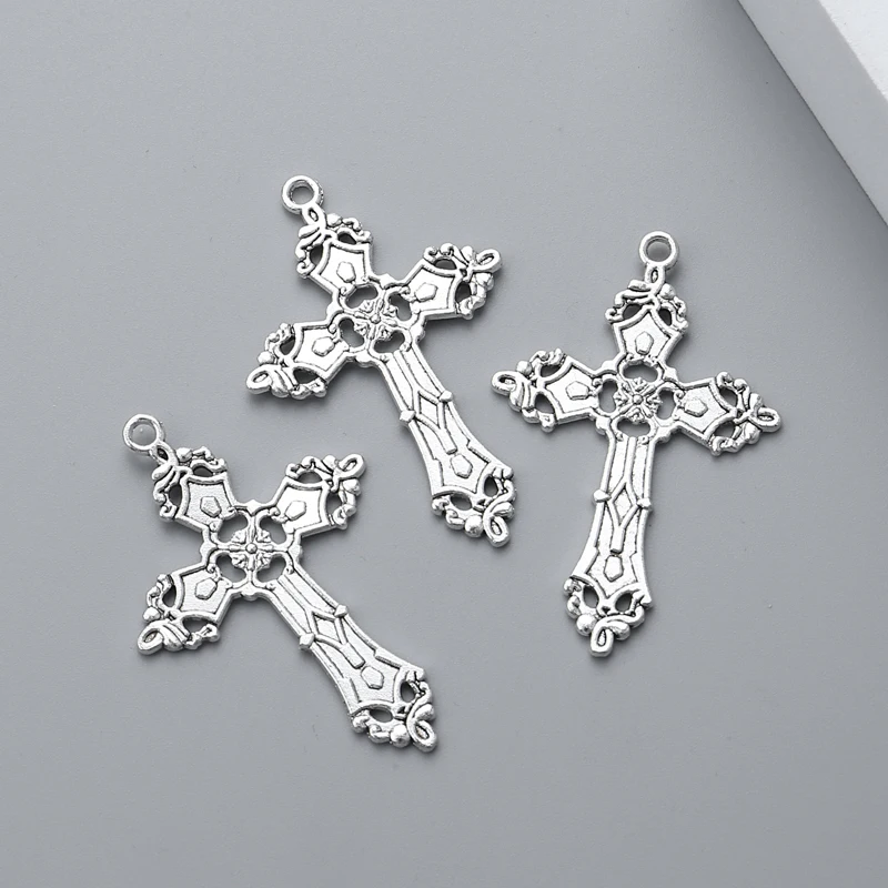 10pcs Silver Color 55x36mm Cross With Pattern Charms Solemn Religious Pendant Fit DIY Handmade Jewelry Making Finding Supplies