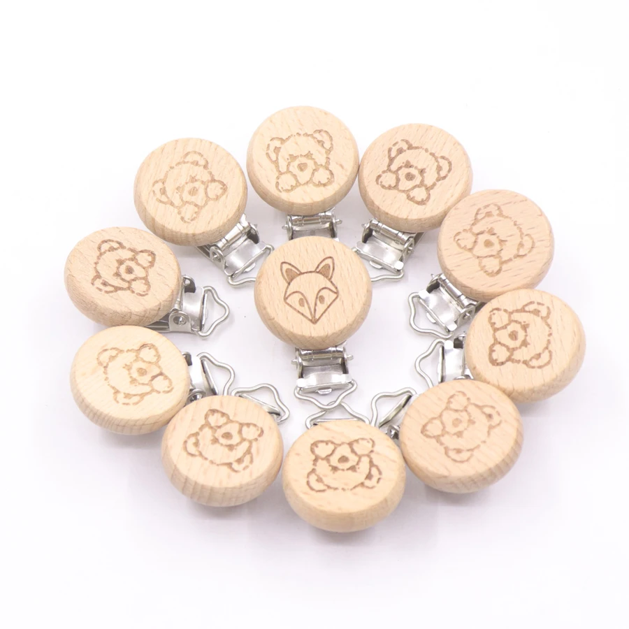 5Pcs Lovely Style New Fox Beech Wooden Clip Cartoon Animal Pattern Sucker Pacifier Chain for Baby Teether Dummy Clip