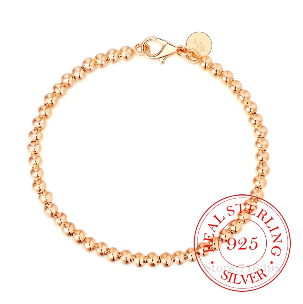 100% prawdziwe 925 srebro bransoletka dla kobiet mężczyzn Homme 4MM koraliki łańcuszek kulkowy bransoletki bransoletki klasyczne Pulsera De Mujer — zdjęcie 3