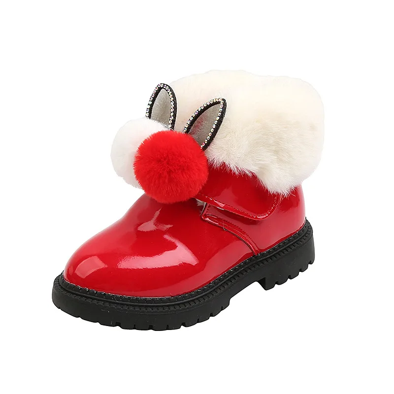 Fashion Hair Ball  Baby Toddler Patent Leather Warm Children Winter Snow Boots 2020 New Girl Child Ankle Shoes 1 2 3 4 5 6 Years