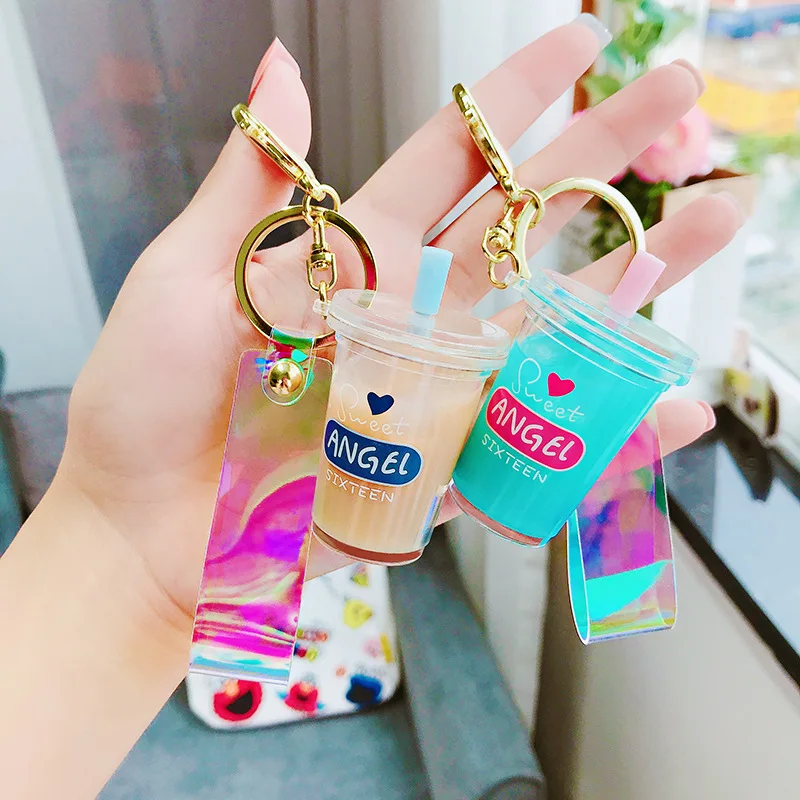 Creative Mini Soft Drink Keychain Milk Tea Beverage Bubble Tea Keyring Moving Liquid oil Drop Decompression Keyfob Jewelry Gift