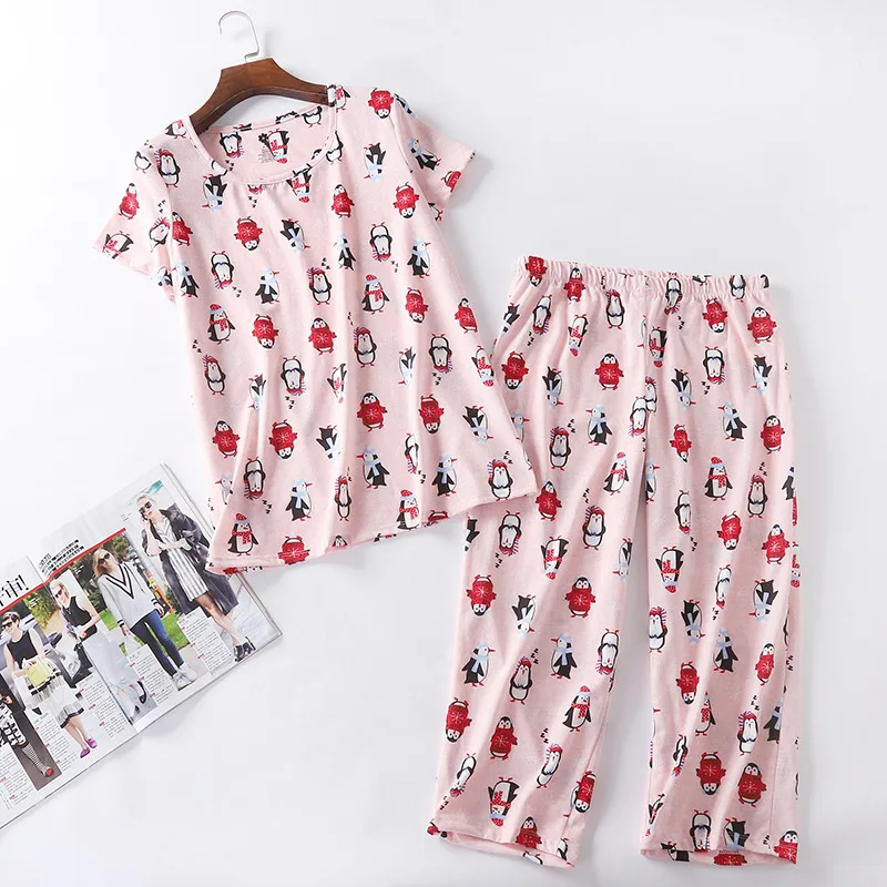 2024 Sommer weiblich lässig Cartoon Pyjama Sets Damen Baumwolle Nachtwäsche Anzug Frauen Kurzarm Anzug Damen Pyjama Short Set