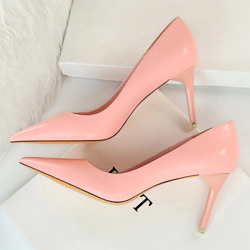 2023 Sweet Women 7.5cm High Heel Soft Leather Party Pumps Scarpins Female Yellow Pink Blue Heels Wedding Shoes Stiletto Big Size