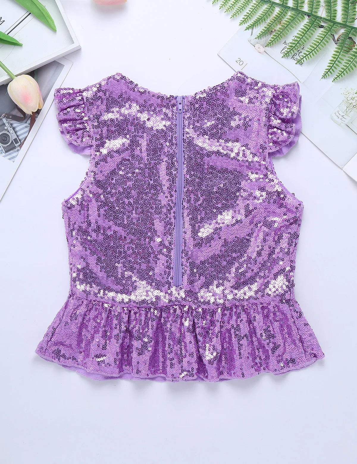 Kids Girls Mermaid Costume Sparkly Sequins Short Flutter Sleeves Ruffle T-shirts Dance Performance Carnival Birthday Party Tops