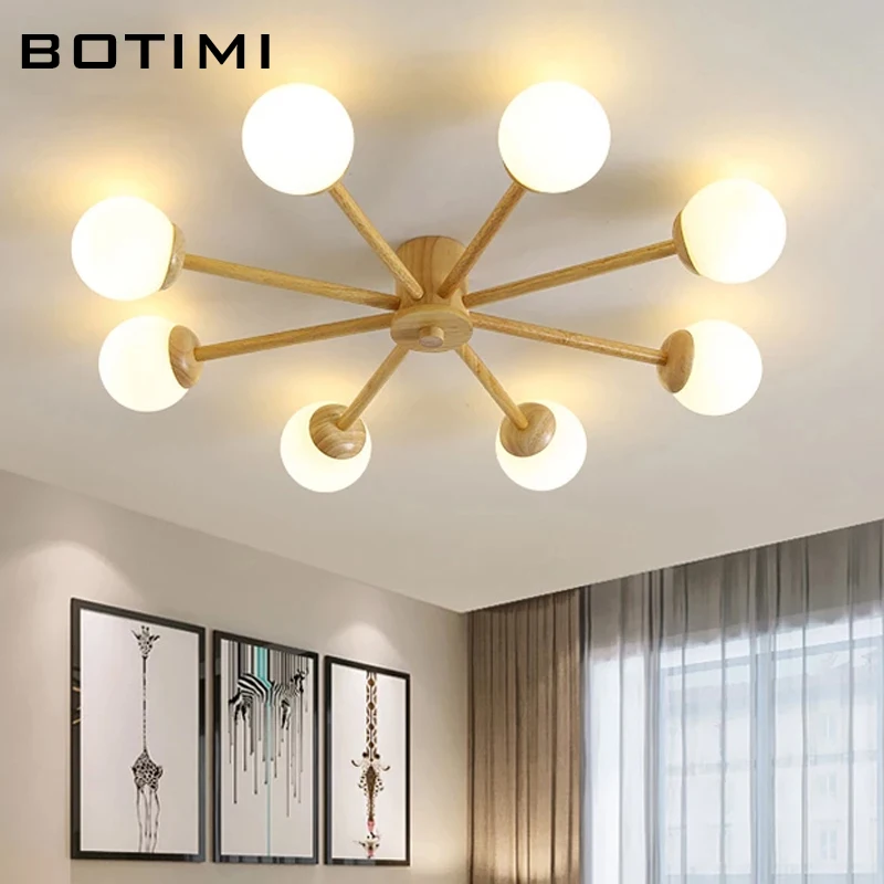 BOTIMI Solid Wood Ceiling Lights With Glass Ball Lampshade For Sitting Room Modern Wooden Bedroom Surface Mounted Dining Lamps