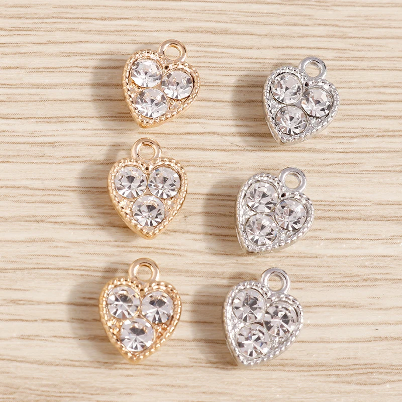 10pcs 10*13mm Crystal Love Heart Charms for Jewelry Making Gold Silver Color Alloy Charms Pendants DIY Necklaces Earrings Gift