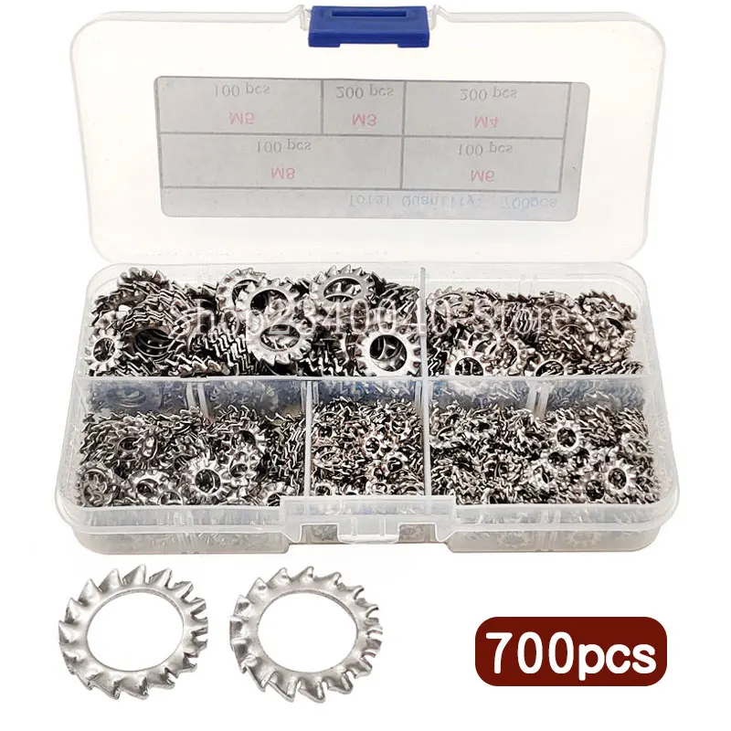 700pcs External Toothed Star Gasket Serrated Lock Washer Retaining ring 304 Stainless Steel Gasket Assortment Kit M3 M4 M5 M6 M8