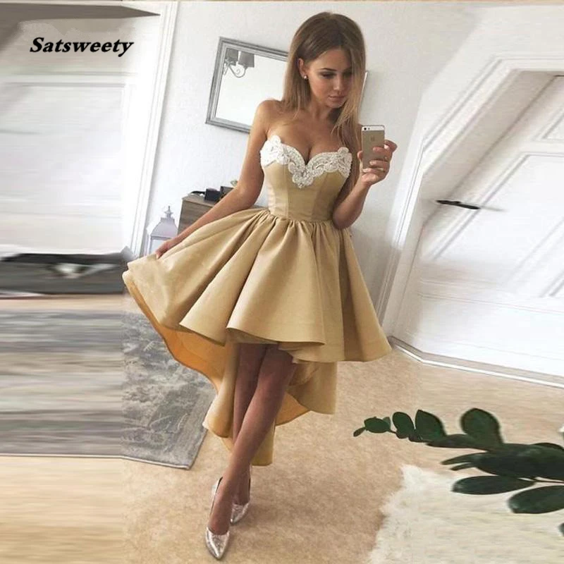 

High Low Short Satin Prom Dress Lace Knee Length Evening Party Dress robe de soiree Off The Shoulder Evening Party Gowns