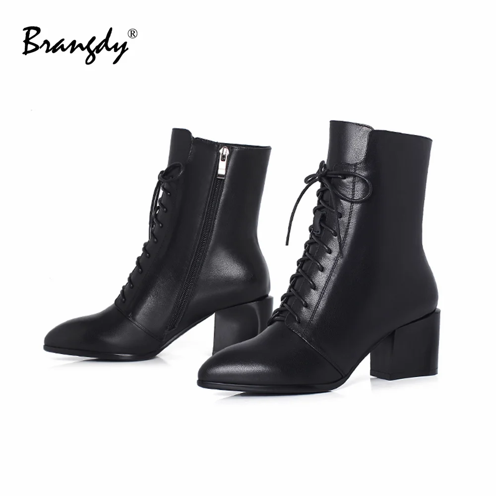 Brangdy Women Boots Genuine Leather Women Ankle Boots Square Heel Women Winter Shoes With Fur Zip Pointed Toe Size 34-39