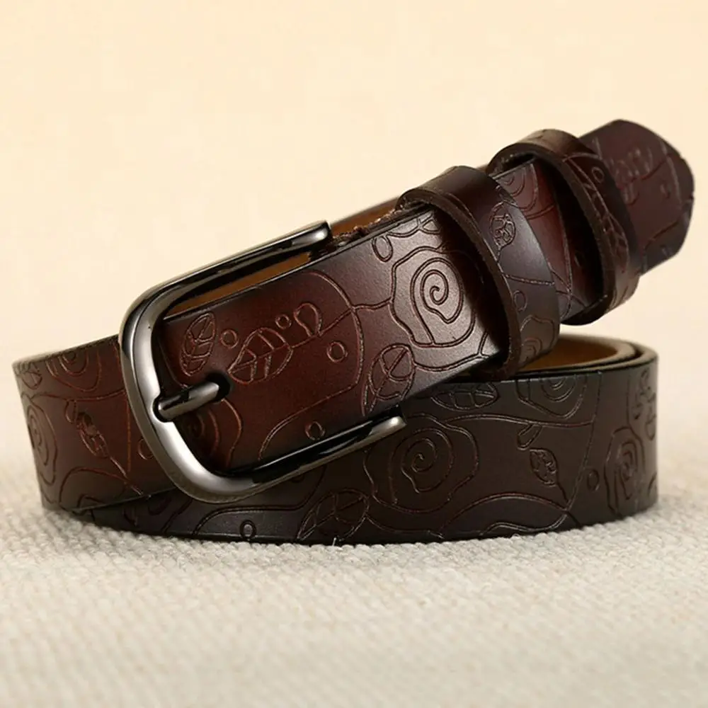 Fashion Design Floral Pattern Rose Red Genuine Leather Female Belt Women's Pin Buckle Metal Belts 28mm Wide
