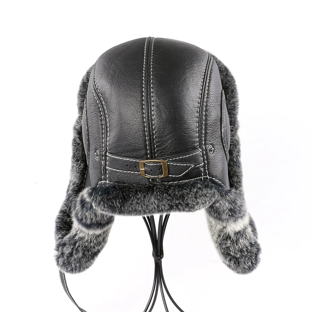 Winter Men\'s 100% Real Rex Raabit Fur Bomber Hat Ushanka Cap Trapper Russian Man Ski Hats Caps Real Sheepskin Leather