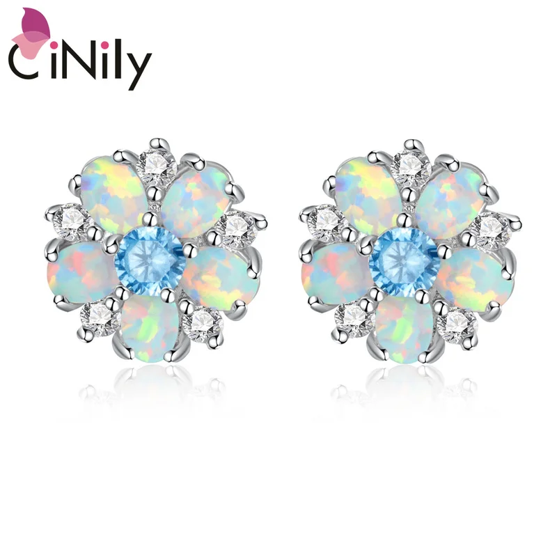 CiNily Multcolor Fire Opal Stud Earrings With Zircon 925 Sterling Silver  For Women Party Jewelry Large Hoop Flower Earrings