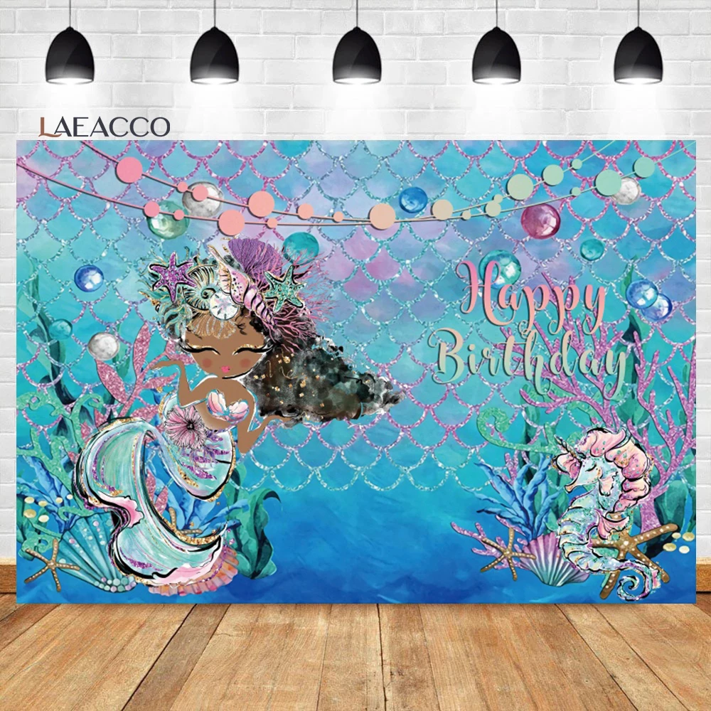 Laeacco Công Chúa Nàng Tiên Cá Sinh Nhật Hình BackgroundSeabed San Hô Lâu Đài Bong Bóng Cho Bé Gái Tùy Chỉnh Nhiếp Ảnh Backdrop