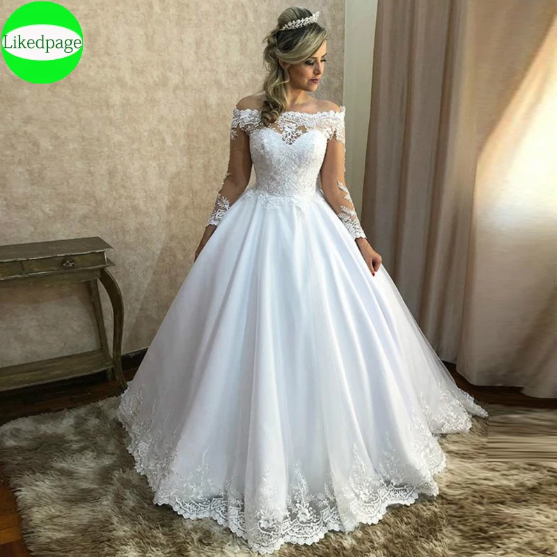 Vestido de noiva de manga comprida, vestido de noiva 2020, apliques de renda, peruca de casamento, vestido de noiva com linha