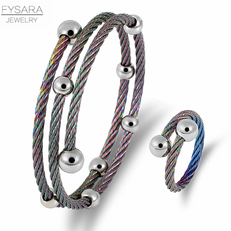 FYSARA Multi-layer Rope Cable Wire Fashion Jewelry Set Women Stainless Steel Bracelet Ring Round Ball Trendy Jewelry Set Couple