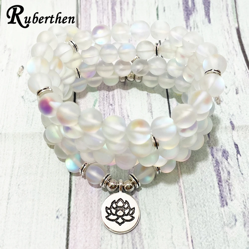 Ruberthen Matte Clear Mermaid Beads Lotus Charm Bracelet Natural Crystal Mala Beads Wrap Bracelet Best Energy Protection Jewelry