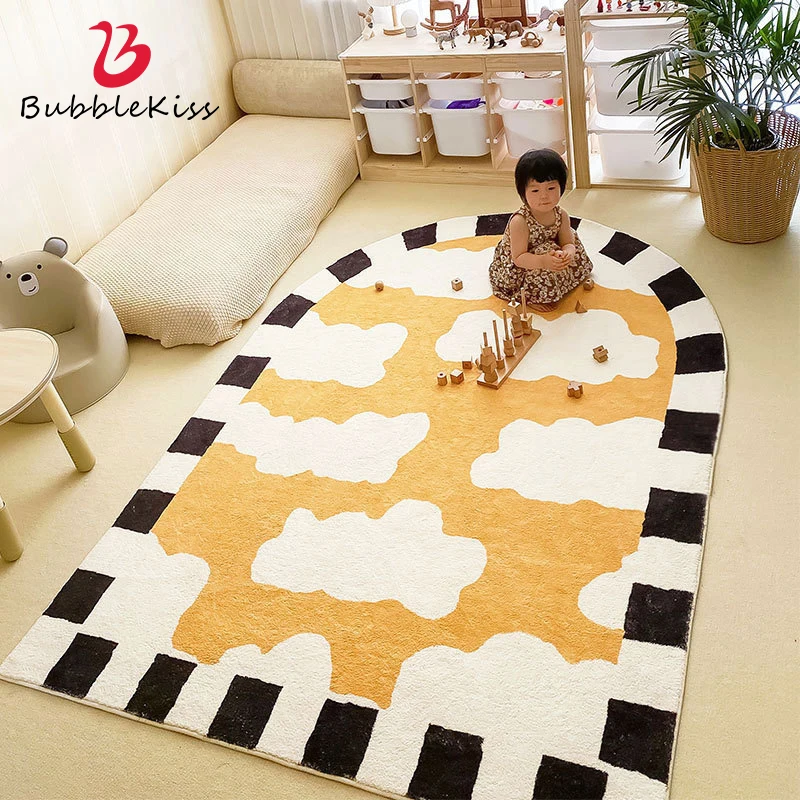 

Bubble Kiss Cartoon Cloud Pattern Nordic Irregular Shape Carpet For Children Bedroom Bedside Playmat Thick Soft Yellow Oval Rug