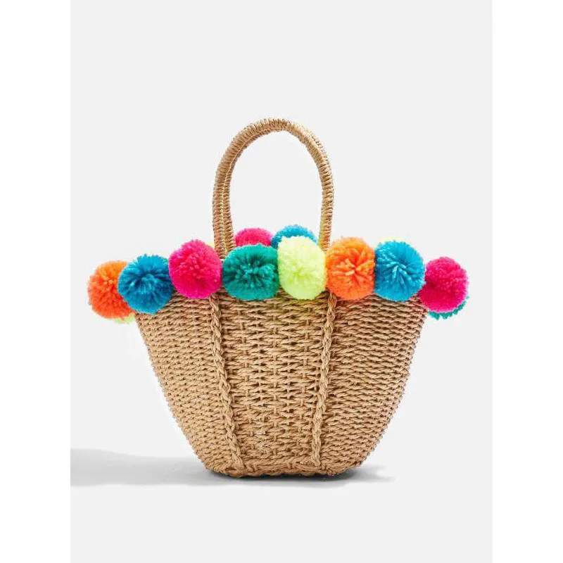 Nueva moda, bolsos tejidos de paja con bolas coloridas, vacaciones en la playa, bandolera de un solo hombro, bolsos de hombro de verano para mujer