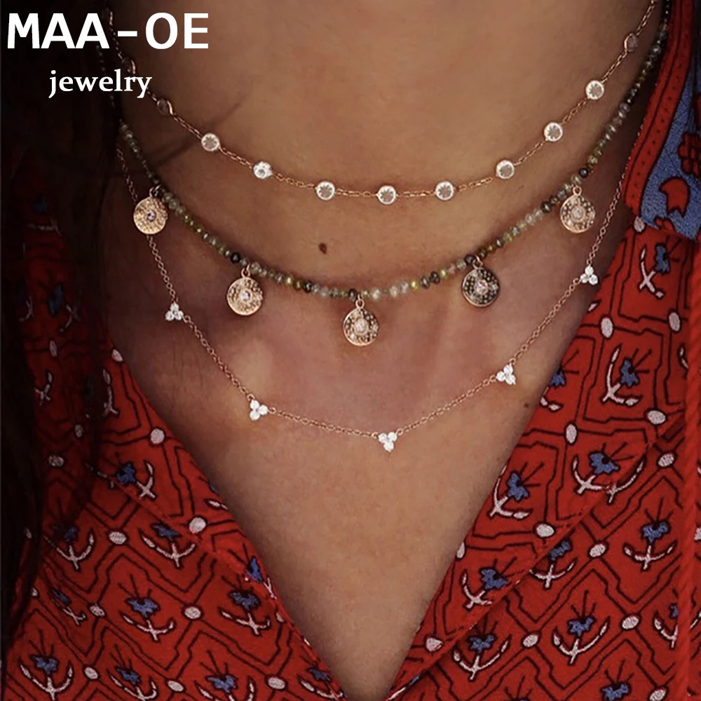 Gold-plate Crystal Flower Color Stone Pendant Necklaces For Women Necklace New Multi Level Female Boho Vintage Jewelry Gift