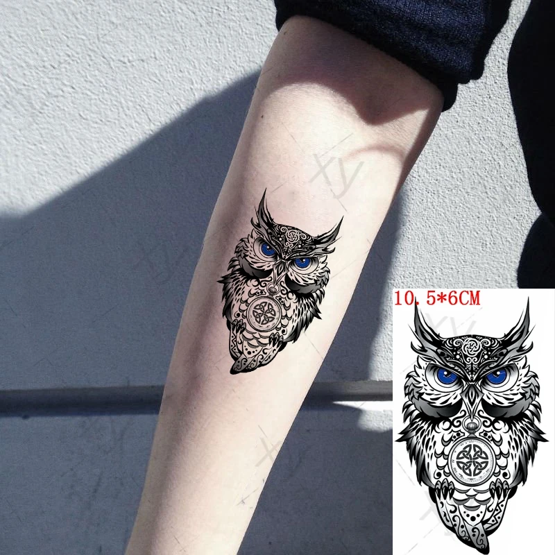 Black Owl Totem Waterproof Temporary Tattoo Sticker Blue Eyes Design Fake Tattoos Flash Tatoos Arm Neck Body Art for Women Men