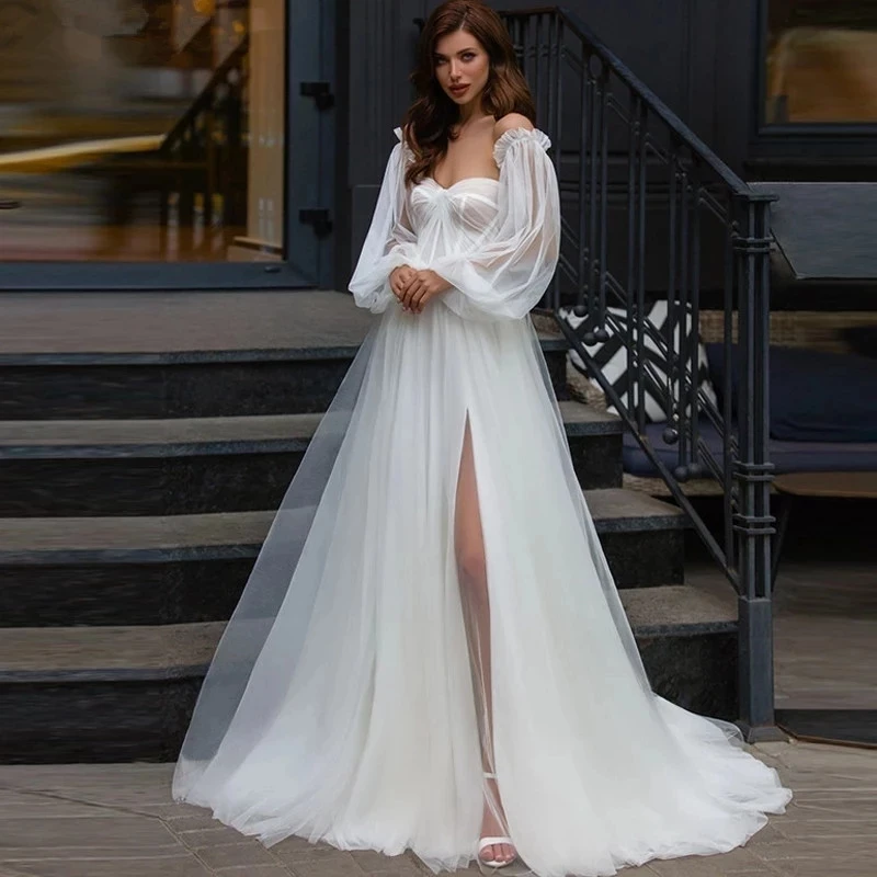 

Boho Wedding Dresses A-line Sweetheart Long Sleeves Tulle Slit Dubai Arabic Wedding Gown Bridal Dress Vestido De Noiva HZD321