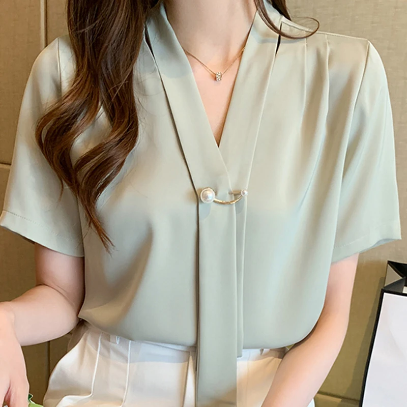 

Blusas Blouses Femme Top Short Sleeve Blouse Women Blusas Mujer De Moda 2024 Verano V-Neck Chiffon Blouse Shirt Tops Women E842