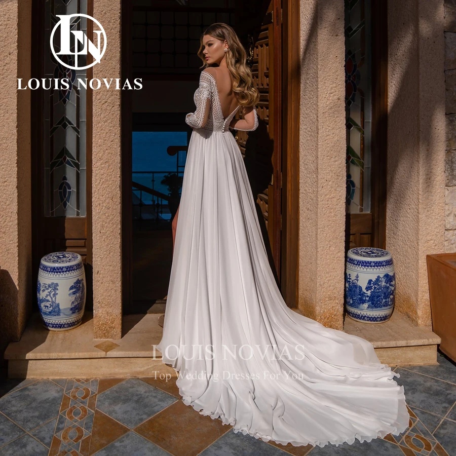 LOUIS NOVIAS Beach Wedding Dress Elegant Boho Off Shoulder Long Sleeve Embroidery Chiffon Slit-Hem Bridal Gown Vestidos De Novia