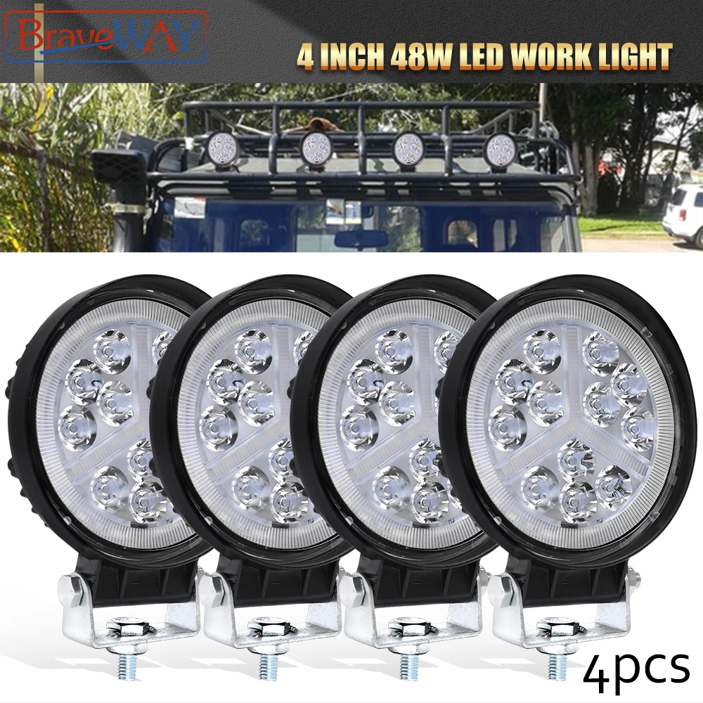 Braveway Led Angel Eyes 24V Car Headlight  Fog Light 48w Daytime Running Lights 4 INCH 9D Offroad Truck ATV Work Light