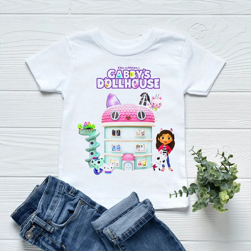 Newly Girls T-Shirts Cute Gabbys Doll House Cartoon Print Clothes Kids Tshirt Fashion Casual Baby T Shirts White Pink Shirt Tops