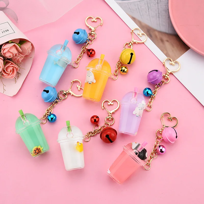 Acrylic Milk Bottle Keyring Milk Tea Cup Keychain Marine Animal Liquid Floating Key Chains Charm Bag Pendant Car Key Ring