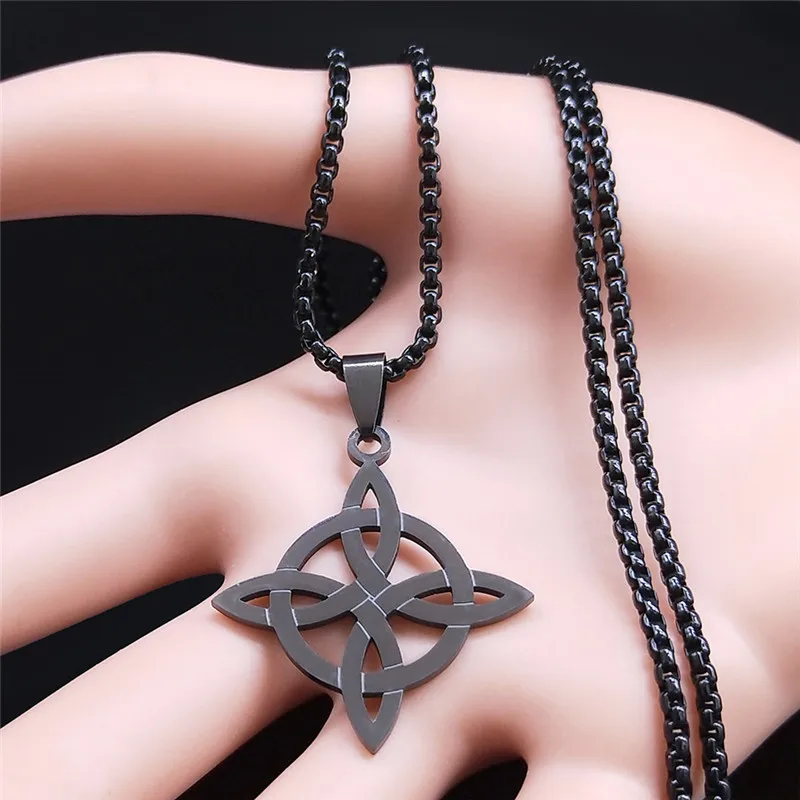 Stainless Steel Witchcraft Witch's Knot Geometry Long Chain Necklace for Men/Women Black Color Jewelry bijoux femme N4273S03