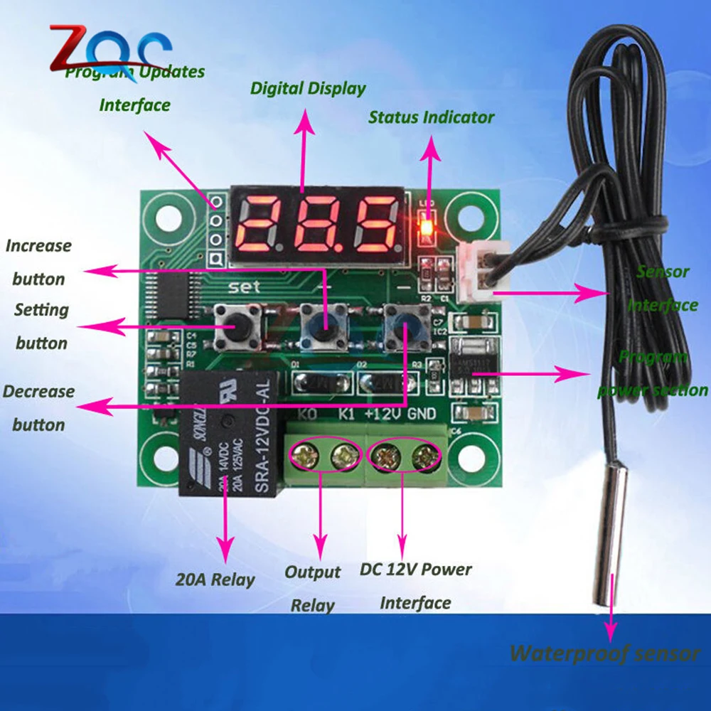 W1209 LED Digital Thermostat Temperature Control Thermometer Thermo Controller Switch Module DC 12V Waterproof NTC Sensor