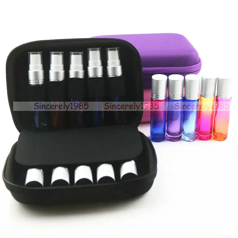 10X 10ml Glass Roll on Bottles Essential Oils Roller Perfume Spray Vials with 1x Storage Case / bag Travel size