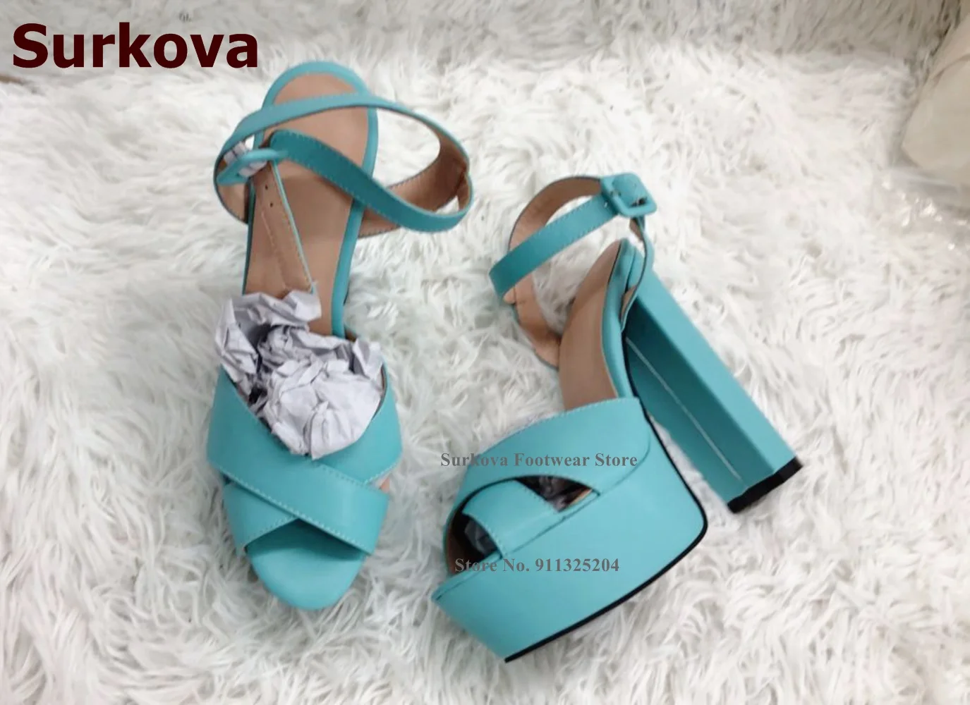 Surkova Square Buckle Chunky Heel Platform Sandals White Black Green Matte Leather Elegant Nice Dress Shoes Real Photo Pumps