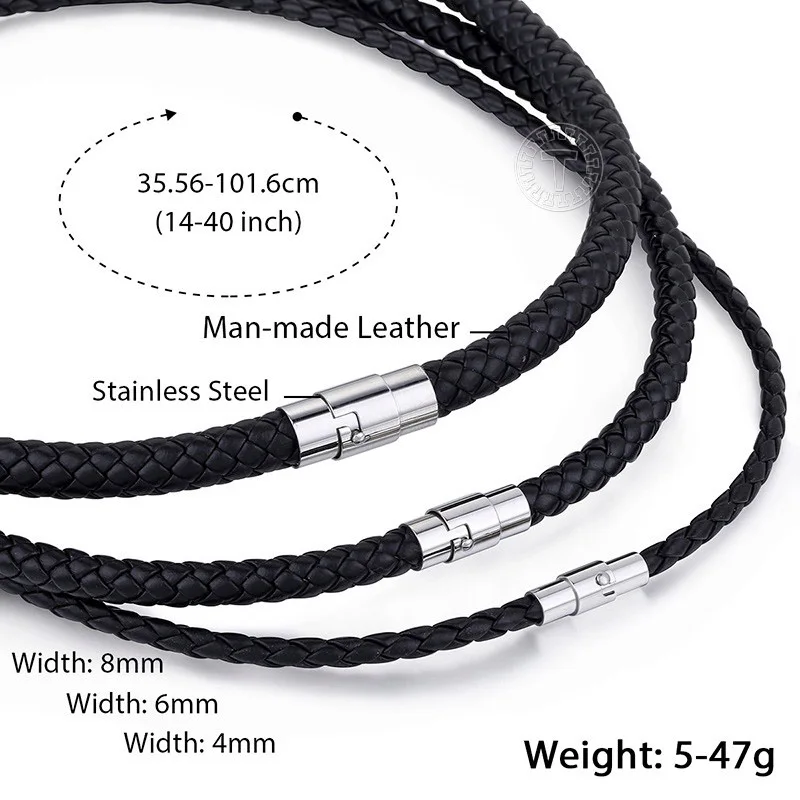 Mens Necklace Choker Brown Black Braided Cord Rope Artificial Leather Necklace For Men Stainless Steel Clasp 4/6/8mm LUNM09 image 5