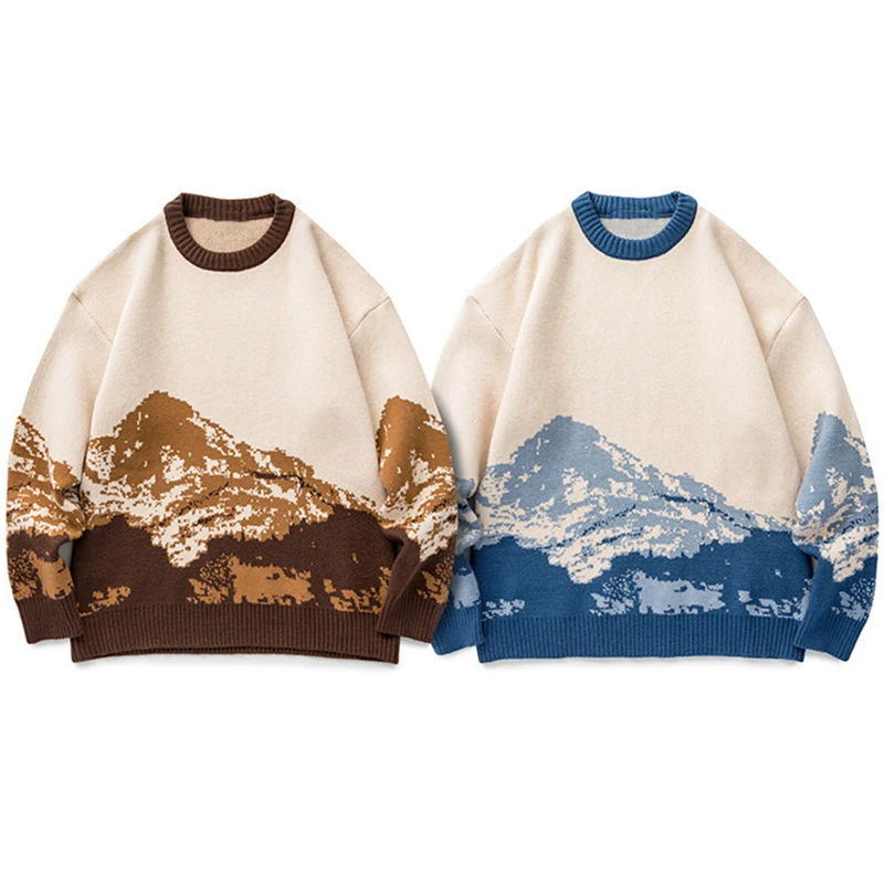 Uomo Hip Hop Streetwear maglione Harajuku Vintage stile giapponese neve montagna maglione lavorato a maglia inverno Casual Pullover maglieria