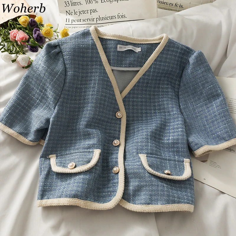 Woherb Korean Vintage Women Plaid Coat Summer Short Sleeve V-neck Tweed Jackets Chic Ladies Fashion Jacket Tops Femme 2024