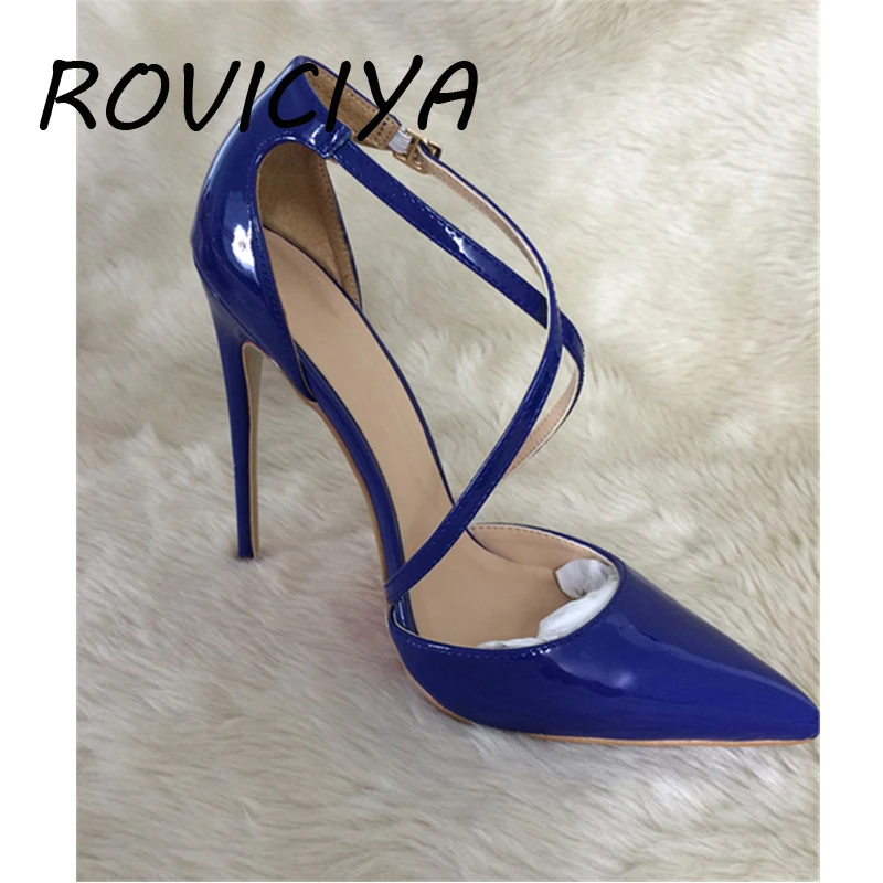 Sexy pumps 12cm high heel ladies pumps nightclub shallow pointed toe heel woman pumps party nightclub blue white QP101 ROVICIYA