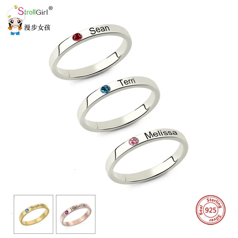 Personalized Stackable Engraved Name Rings with Birthstone Triple Stackable Ring 925 Sterling Silver Custom Jewelry