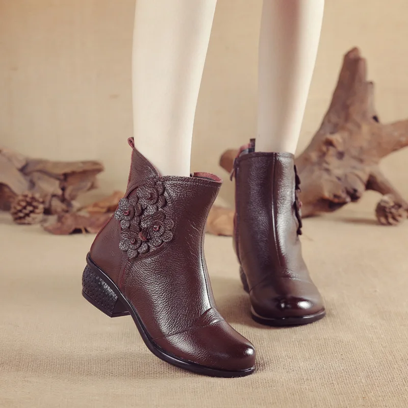 Xiuteng – bottes en cuir véritable à fleurs pour femme, Style ethnique rétro décontracté, chaussures à talons bas, à la mode, nouvelle collection automne-hiver