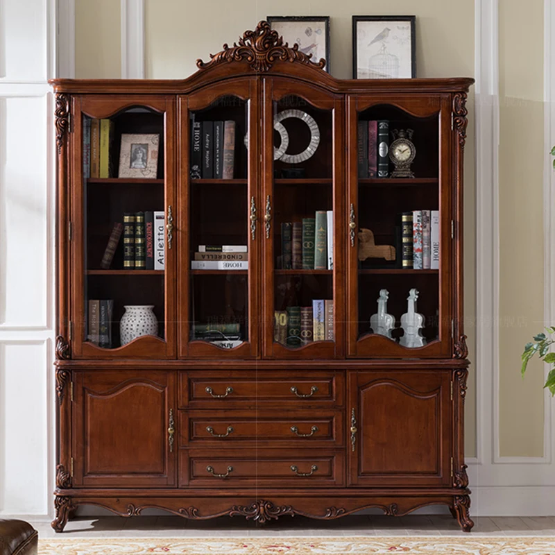 American Solid Wood Bookcase with Glass Door Bookcase European Style Living Room Floor Rack Wine Cooler