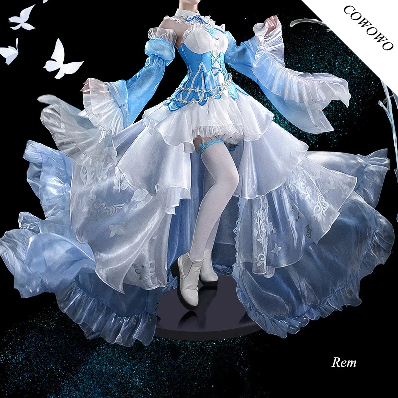 Anime!Re:Life In A Different World From Zero Rem Ice Crystal Dress Gorgeous Elegant Uniform Cosplay Costume Halloween Party Suit