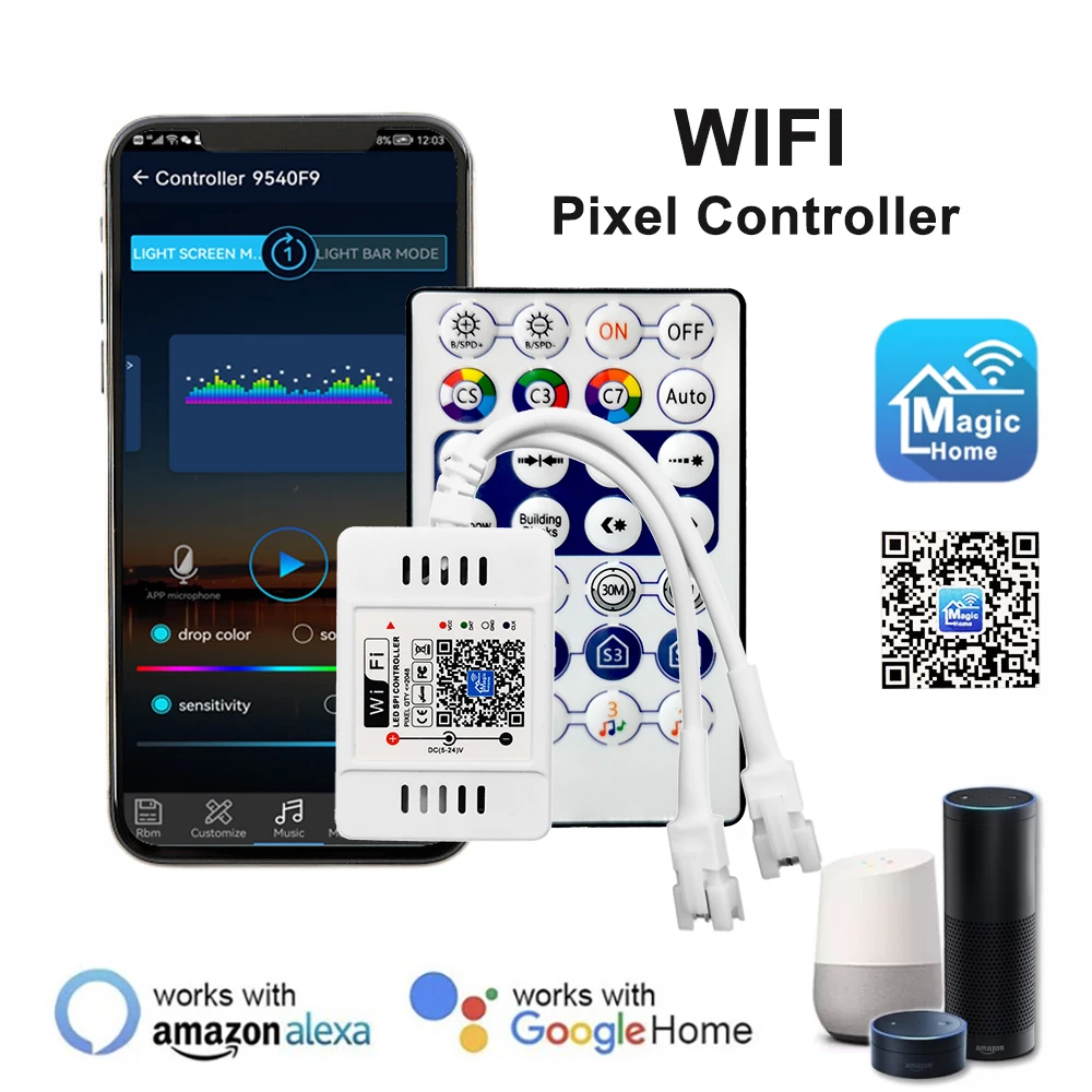 

Регулируемый музыкальный контроллер, Wifi Pixel Voice, совместим с 3-контактной индивидуально адресуемой светодиодной лентой 5050 RGB