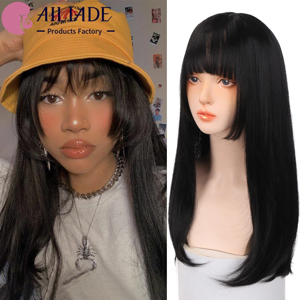 AILIADE Long Straight Synthetic Wigs for Women Black Pink Heat-Resistant Daily Anime Lolita Cosplay Party Wigs