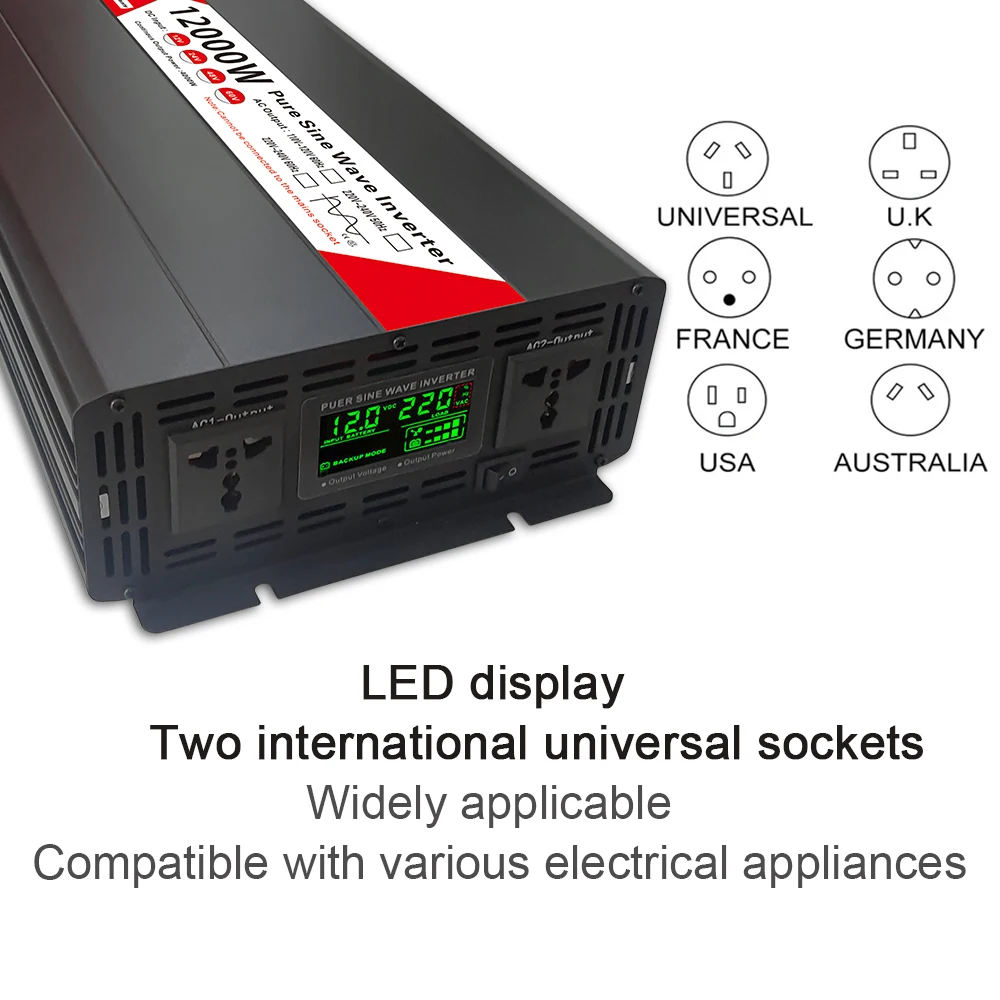 Imagem -03 - Inversor de Onda Senoidal Pura Conversor Solar Transformador de Carro 12v 24v 48v para 220v ac 8000w 10000w dc 12v 220v