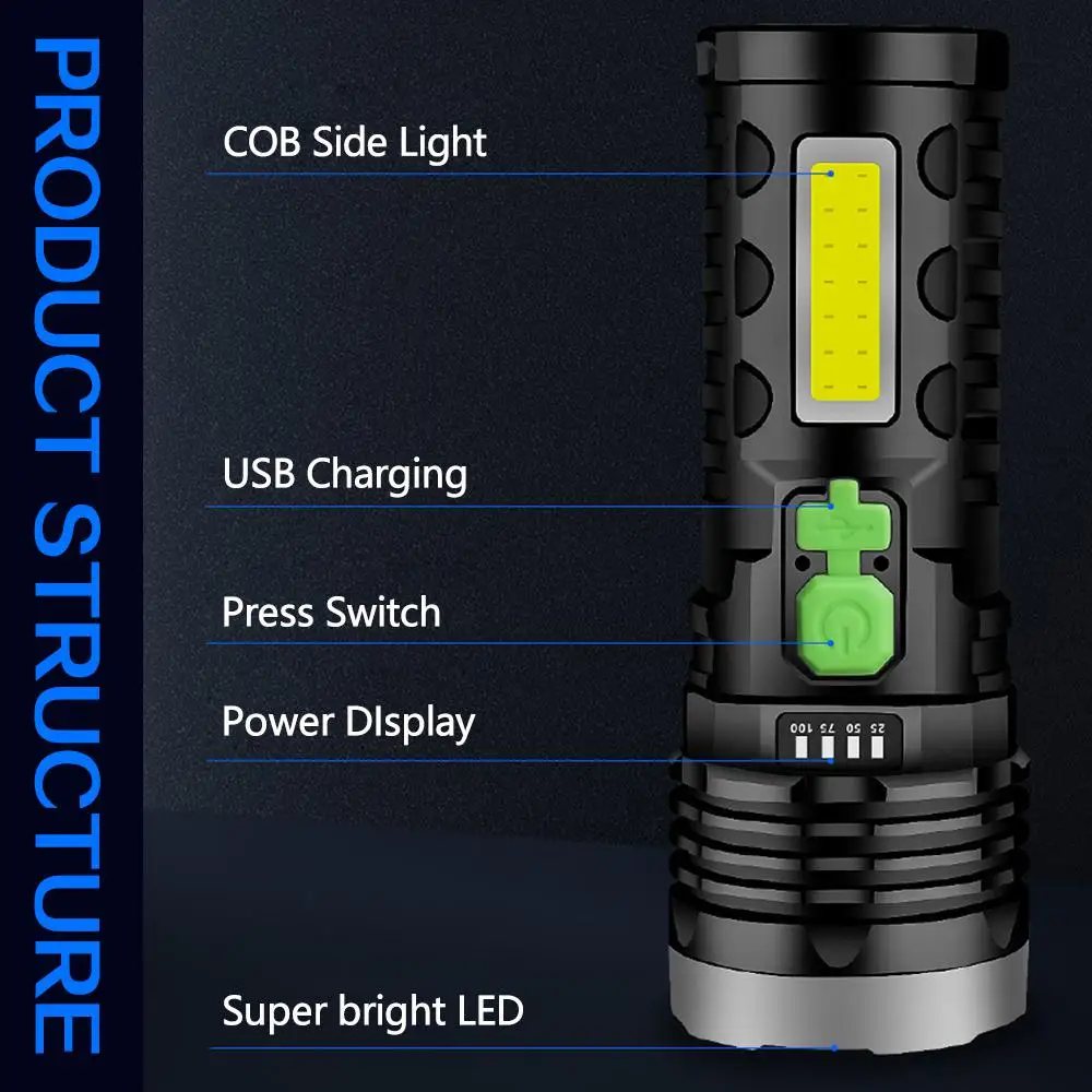 Solar LED Flashlight USB Charging Multifunctional Flashlight Waterproof Torch Built-in Battery Hand Light Camping Light