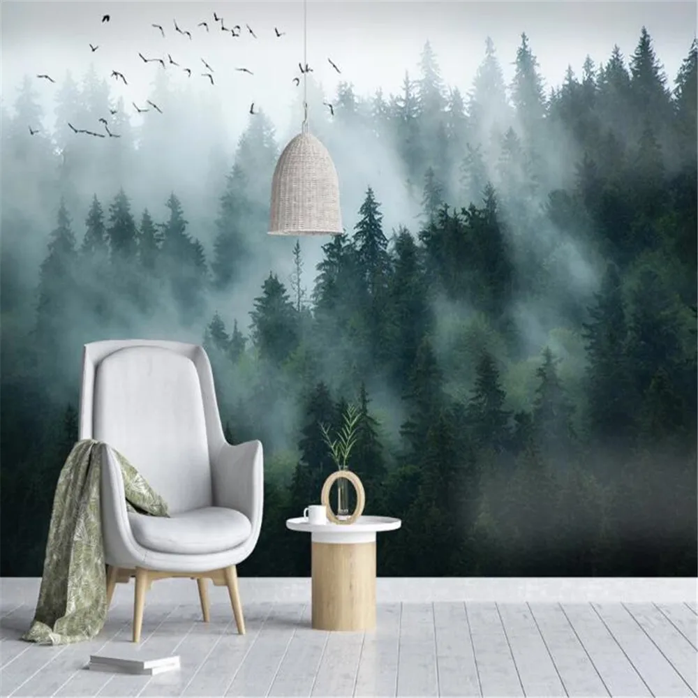 Milofi large non-woven wallpaper mural Nordic minimalist smoke landscape birds forest living room bedroom background wall