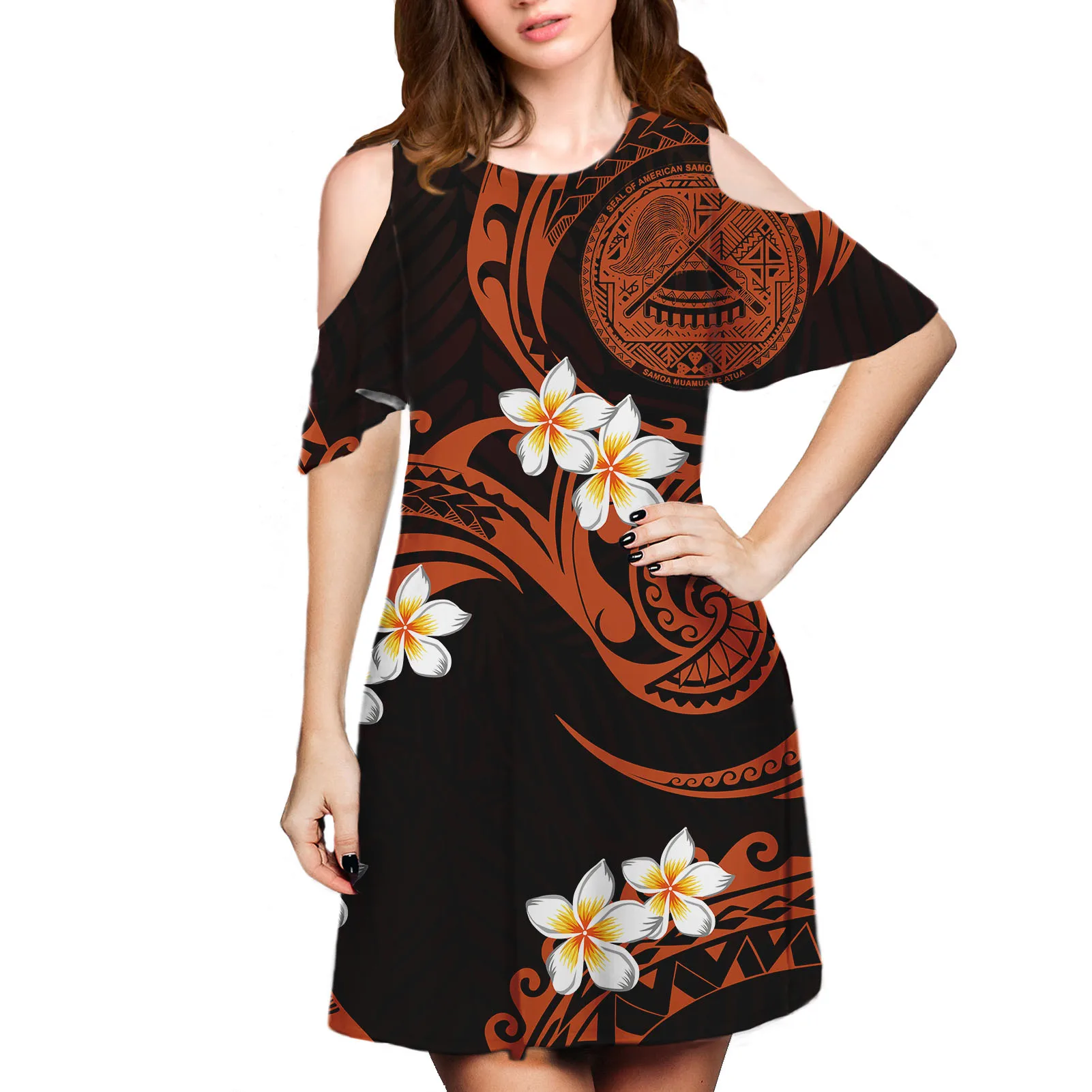 HYCOOL Polynesian Tribal Brown Women Hibiscus Printed Midi Floral Dresses Sexy Cold Shoulder Samoa Island Hawaiian Casual Dress