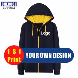 Hohe Qualität Baumwolle Zipper Jacke Individuelles Logo Stickerei Team Marke Sweatershirt Druck Persönliche Design Hoodies ONECOOL