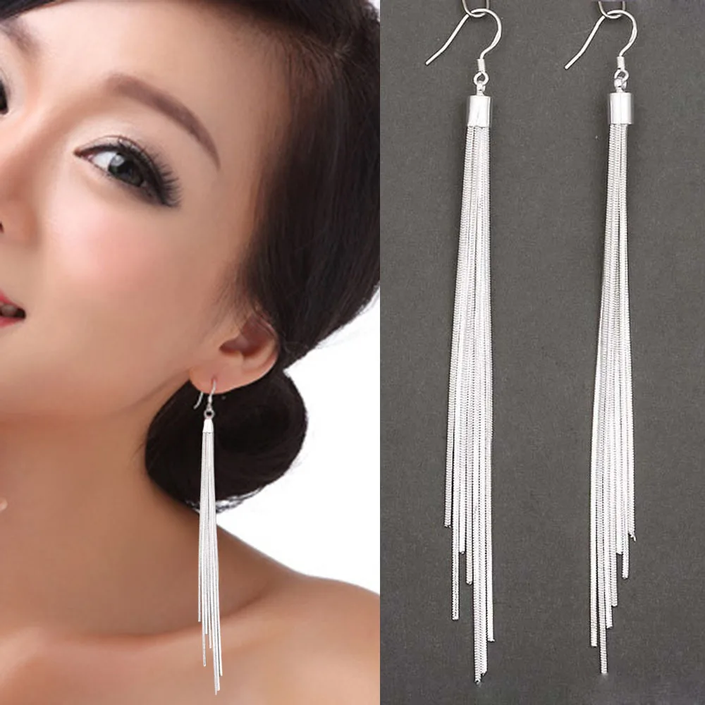 Elegant Jewelry Fashion Women Noble Tassels Silver Plated Long white Hook Dangle Chain Earrings Women Silver Plated 13.5cm